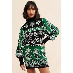 Farm Rio Turtleneck Sweater Dress M Green Tribal Festival Boho Puff Sleeve